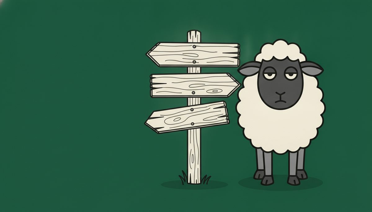 The Wool Street sheep standing beside a signpost with blank arrows, looking unimpressed.
